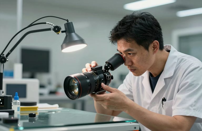 A professional technician in a clean uniform carefully inspecting a glass surface with a specialized lamp, North American workshop setting.