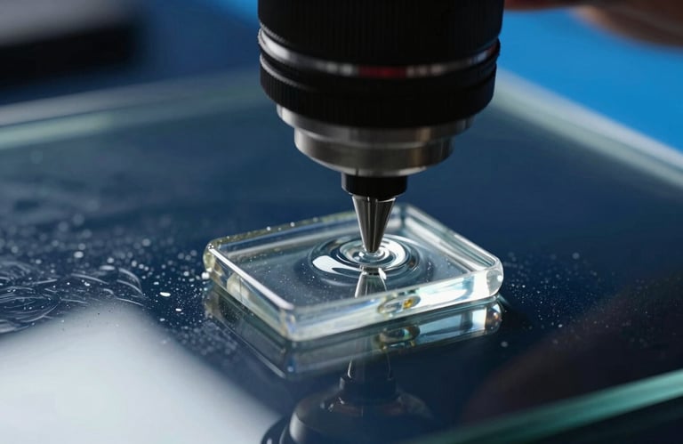 Macro photography of clear, high-grade resin being applied to a glass surface, professional lighting with Deep Navy and Sky Blue accents.