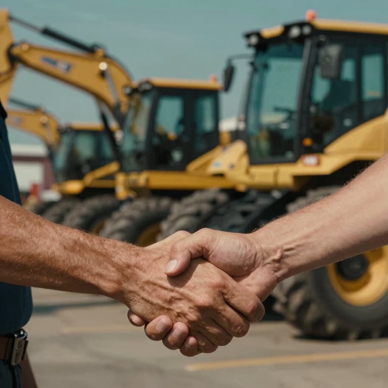 A close-up of two professionals shaking hands in front of a heavy machinery fleet. North American setting. Deep amber and dark blue-green accents in the background.