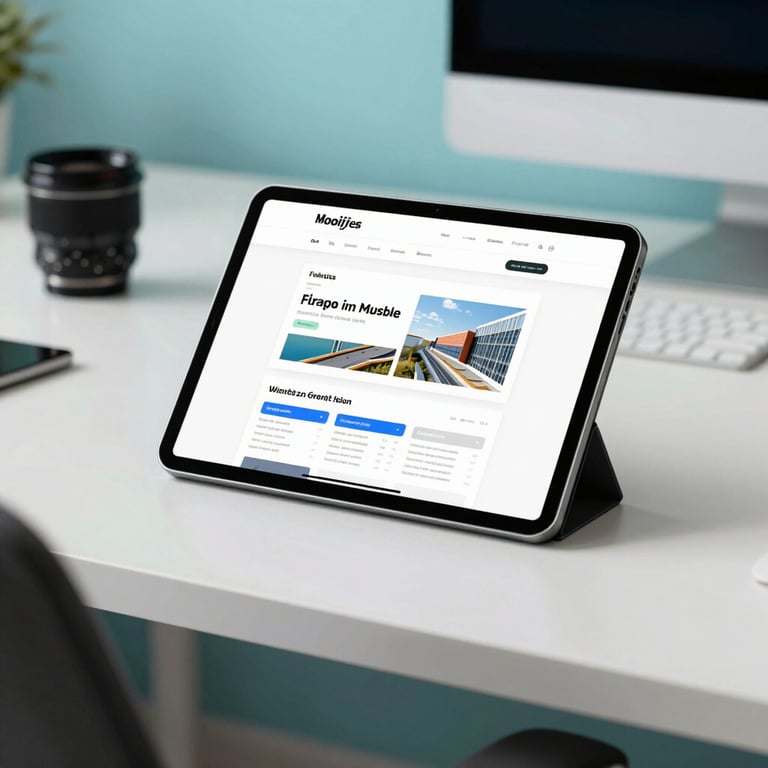 A professional desk setup in a French creative office, featuring a tablet displaying a clean web layout, white desk, and a turquoise background.