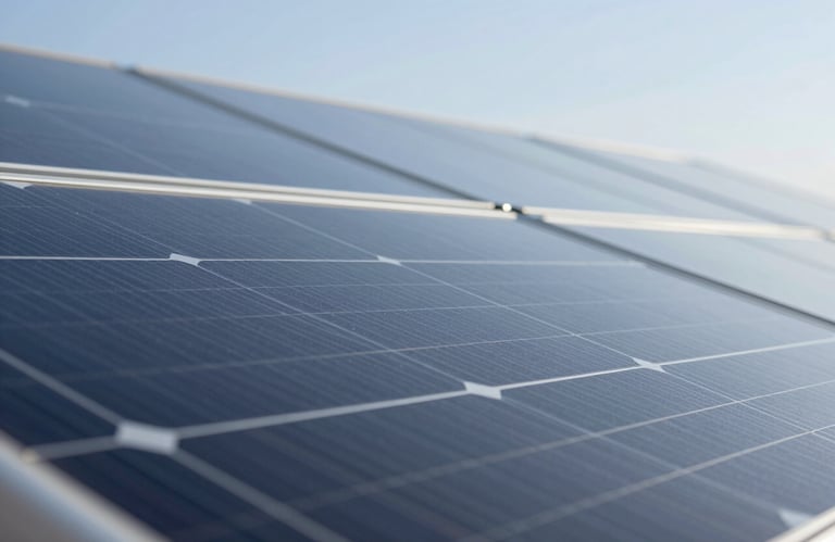 Close-up of a high-quality solar panel surface reflecting the blue sky, highlighting the premium texture and build quality Geetecky provides. Colors include #0F1D2C and crystalline textures.