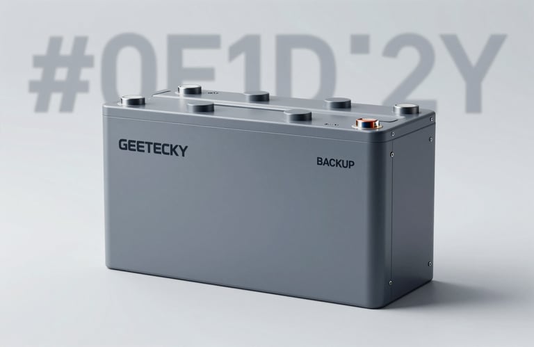 Clean, studio-lit photo of high-capacity lithium-ion battery storage units used for Geetecky backup systems, emphasizing reliability and modern technology. Background contains subtle #0F1D2C branding.