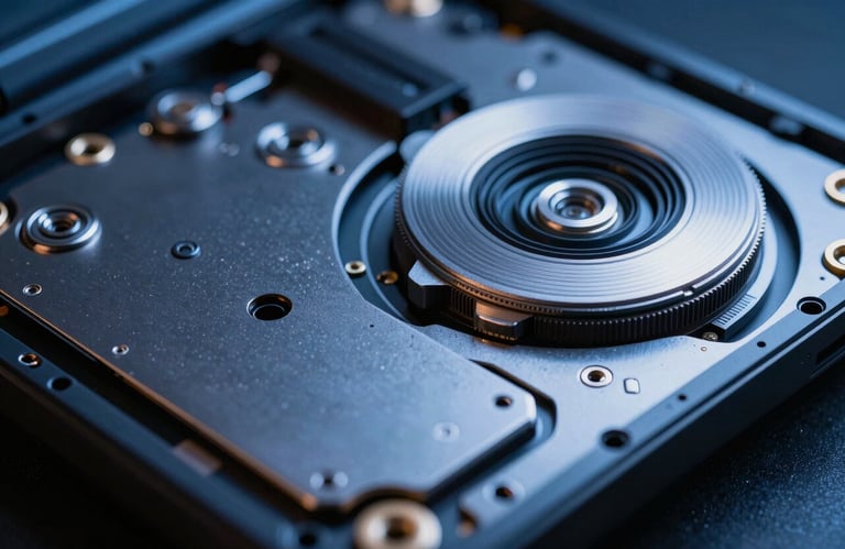 A technical macro shot of internal laptop components, clean and metallic, highlighted with deep blue lighting, emphasizing precision and quality.