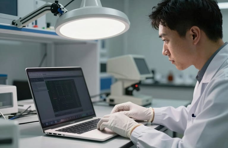 A technician wearing white gloves inspecting a laptop screen under a bright white light in a clean tech laboratory, off-white and light grey tones.