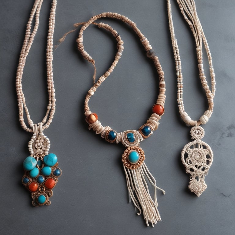 Collares bohemios hechos a mano con nudos de macramé, piedras turquesa y cuentas de coral