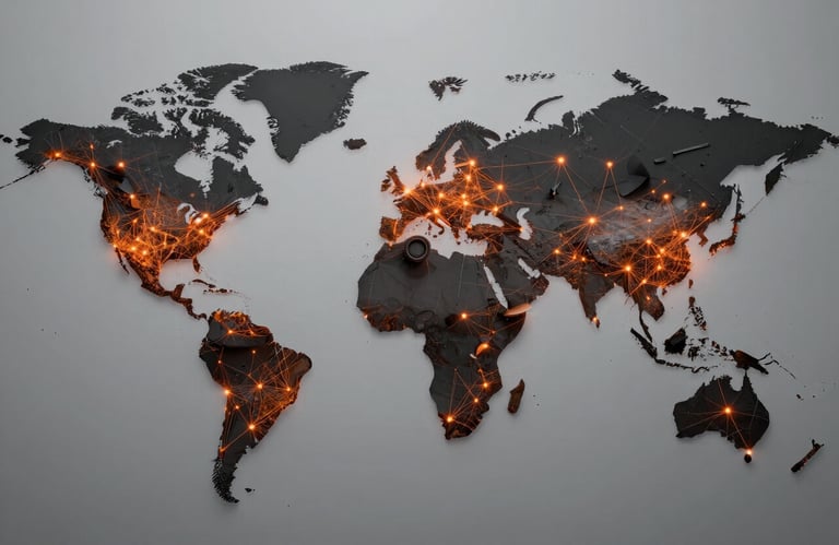 A high-tech digital global map with illuminated nodes, rendered in deep black and charcoal grey with vibrant orange connections.
