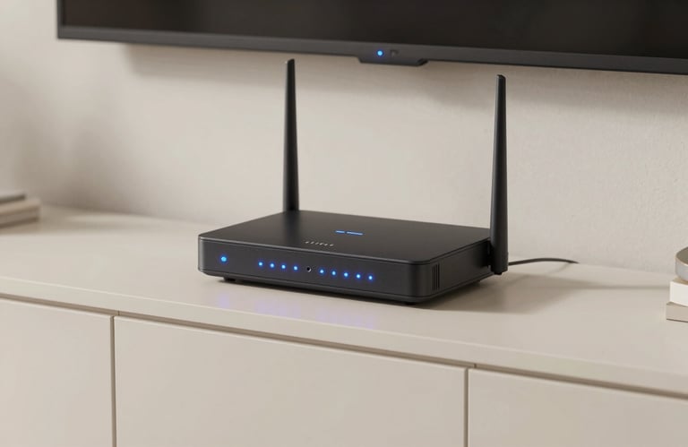A sleek, modern internet router with glowing blue lights sitting on a minimalist soft off-white shelf in a North American / US apartment.