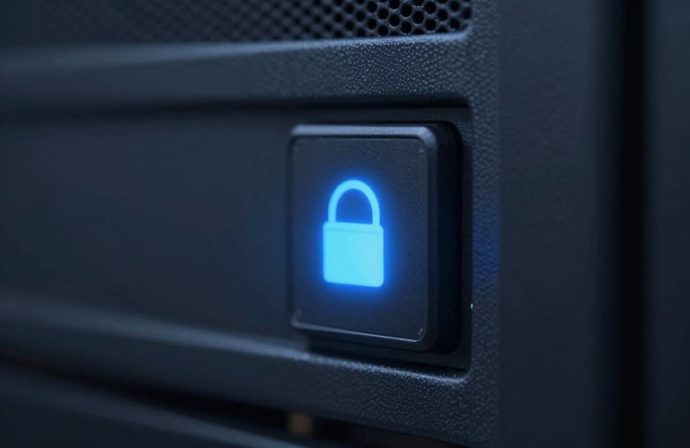 A precise macro photograph of a secure server status light, showing a soft blue glow against a dark #1A2E3D background. The composition is clean and minimalist, representing system security.