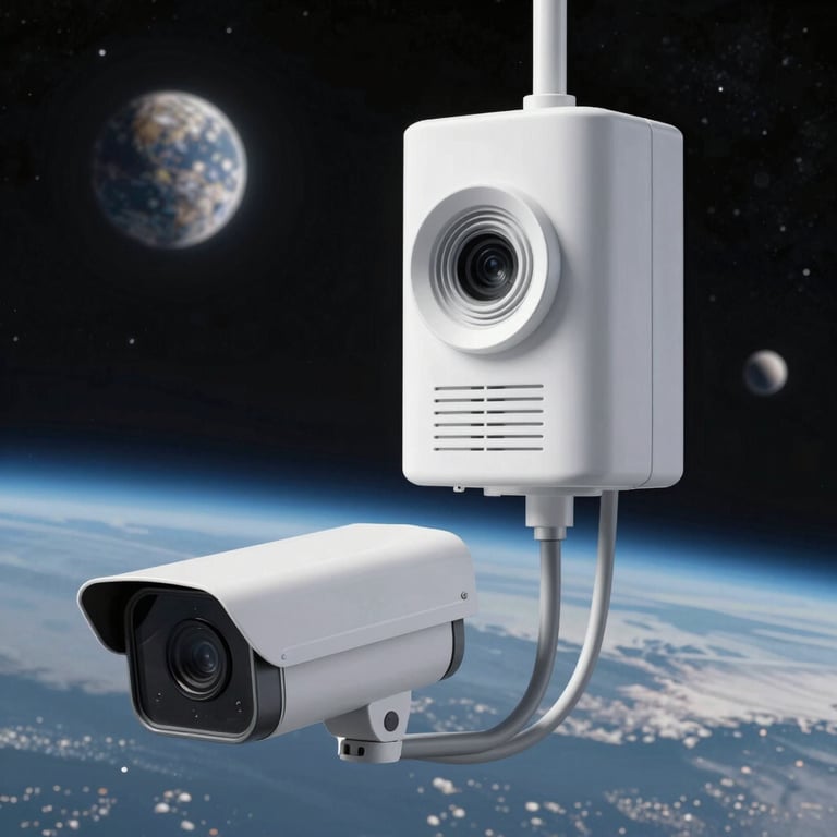 Security camera mounted on a barn overlooking farmland at sunset.