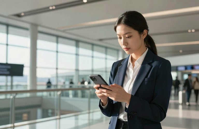A professional using a smartphone while standing in a modern, sunlit North American airport terminal with large glass walls and steel structures.