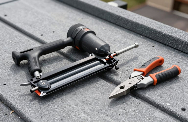 A detail-oriented photograph of professional roofing tools, including a pneumatic nailer and specialized cutters, laid out neatly on a roofing deck, North American / New York City.