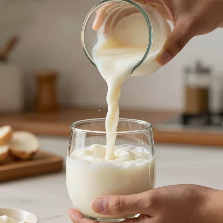 A close-up of hands pouring thick, creamy white kefir into a glass, captured in a bright Jalisco kitchen, warm and welcoming lighting.