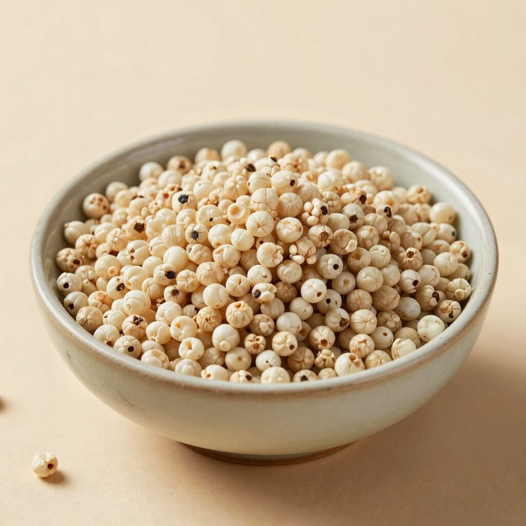 Detailed shot of organic kefir grains in a ceramic bowl, minimalist presentation, earthy beige background, high-end food photography.