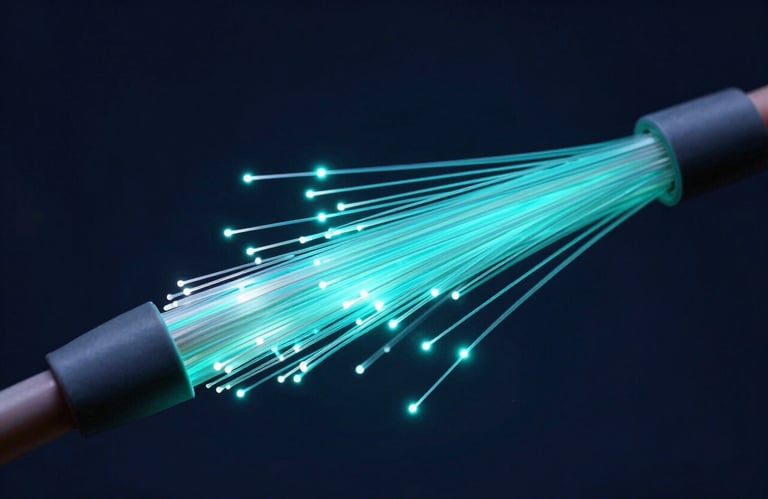 A macro photograph of high-speed fiber optic cables glowing with electric cyan light against a dark navy background, symbolizing rapid data transfer and smart connectivity.