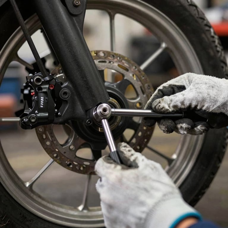 Close-up of a mechanic's gloved hands using a precision torque wrench on a motorcycle wheel. Authentic South American / Brazilian workshop setting, professional feel.