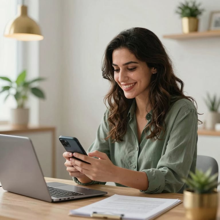 A Middle Eastern woman entrepreneur working in a bright modern home office, smiling while looking at her smartphone, gold and green accents in decor.