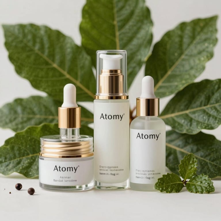 Macro photography of Atomy skincare products with botanical ingredients, set against a clean backdrop of green leaves and gold accents.
