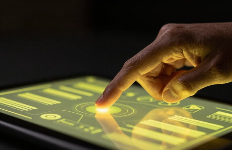 A sharp, close-up photograph of a person's hand interacting with a holographic touch interface. The interface glows with neon yellow light, casting a soft yellow hue on the dark skin and black background.