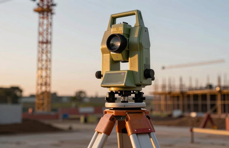 Close-up of a high-precision theodolite engineering tool set up on a tripod at a South American construction site during sunset, symbolizing precision.
