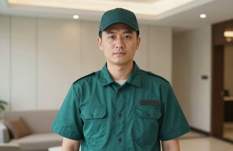 A photograph of a pest control specialist in a crisp, Dark Teal uniform, looking professional and approachable. He is standing in a brightly lit, clean service area of a hotel. The style is trustworthy and discreet.