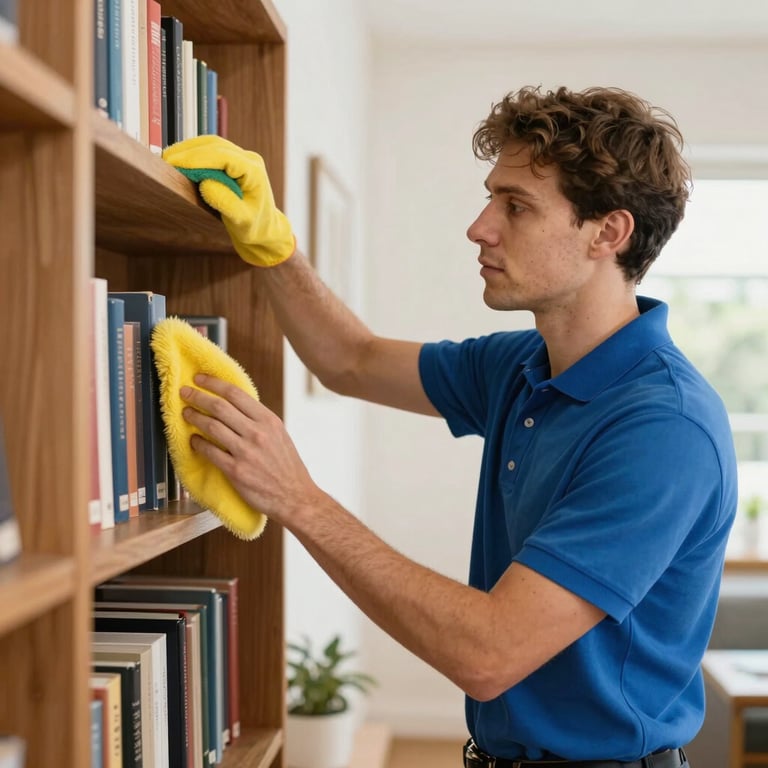 A professional cleaner wearing a blue polo shirt dusting a wooden bookshelf in a bright, clean Australian study room.
