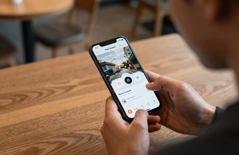 An over-the-shoulder shot of a person using a beautifully designed app on a smartphone while sitting in a contemporary North American coffee shop.