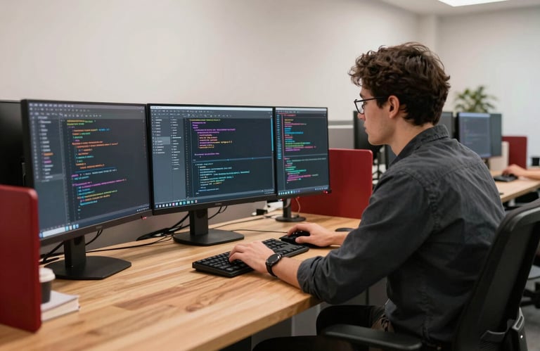 A developer in a clean, minimalist US tech office working on multiple large monitors showing clean application code, with warm wooden desk and red accents.