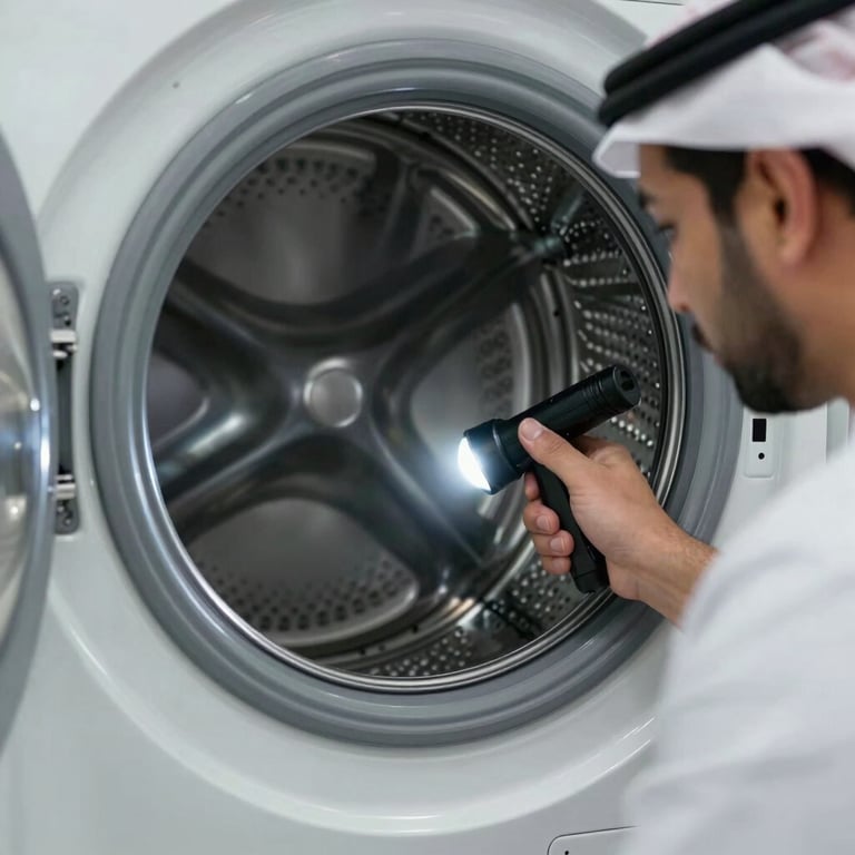 Detail shot of a professional technician inspecting the inner drum of a high-efficiency front-load washing machine with a flashlight, Middle Eastern / Gulf.