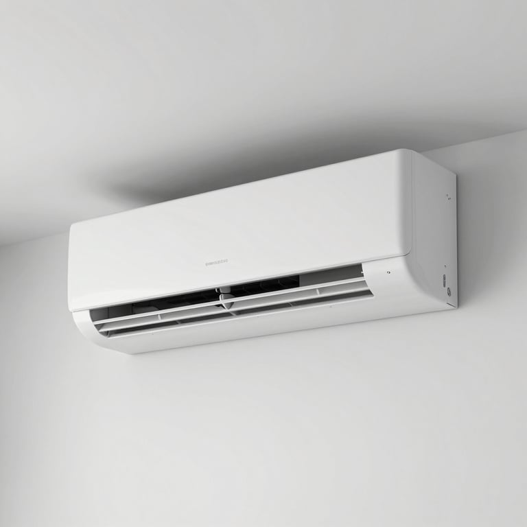 A modern split-unit air conditioner mounted on a minimalist white wall in a luxury Dubai apartment, crisp and clean photography, Middle Eastern / Gulf.