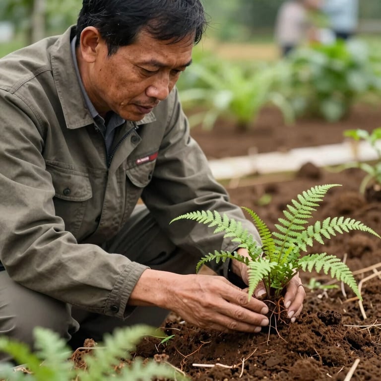 A Southeast Asian / Indonesian expert in a field jacket examining healthy organic soil, soft sunlight, professional photography style, earth tones including coffee brown and fern green.
