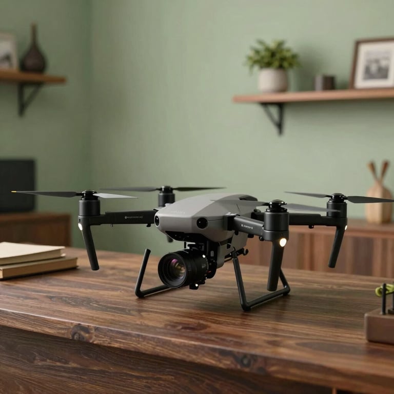 A state-of-the-art agricultural multispectral drone sitting on a dark wood surface in a clean, modern farm office with Southeast Asian / Indonesian decor elements, sage green walls.
