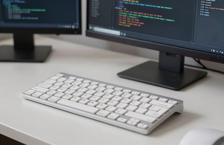 A detailed shot of a clean, sophisticated coding environment in a North American / US tech hub, emphasizing a professional Pearl White keyboard and Charcoal Black monitor.