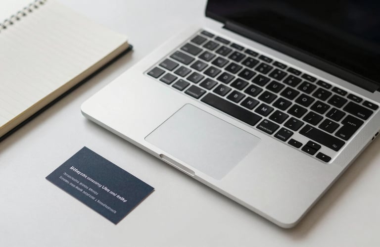 A high-angle shot of a silver laptop on a clean white desk next to a notebook and a professional business card. The aesthetic is modern, organized, and professional.
