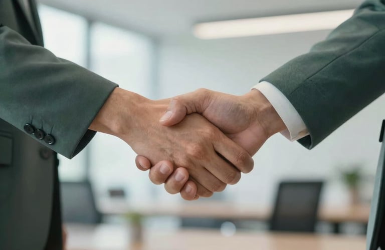A close-up of two people shaking hands in a bright, modern office setting. Only the hands and sleeves of their professional Deep Charcoal Green and Soft Mist attire are visible.