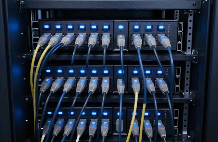 A detailed shot of high-quality server hardware cables arranged neatly in a rack, glowing with Alice blue status lights against a dark navy interior.
