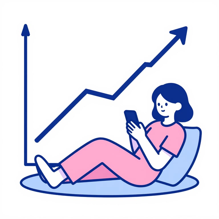 A woman using a smartphone while relaxing, with a rising growth chart arrow in the background.