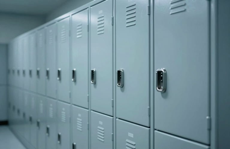 An organized row of high-security lockers in a temperature-controlled logistics facility, soft slate blue lighting, professional and industrial aesthetic.