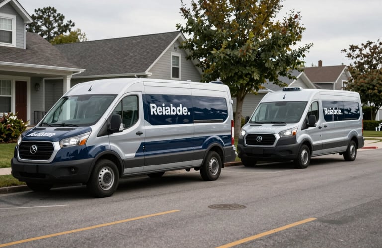 Three branded service vans in Midnight Navy with Silver Cloud accents parked on a quiet street in a North American / US suburb, symbolizing reliable mobile service.