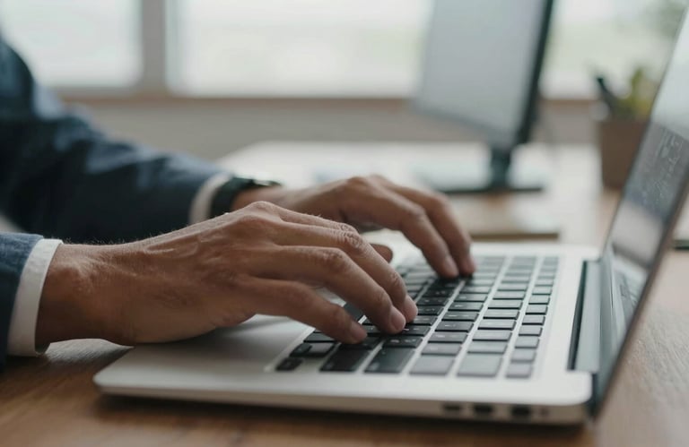 A close-up shot of a professional in a South American / Brazilian office typing on a modern keyboard, focusing on efficiency and the human element of technology, soft natural lighting.