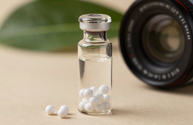 A macro photograph of tiny white homeopathic globules inside a clear glass vial, sitting on a light beige surface with soft forest green accents in the background.