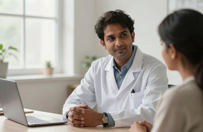 A South Asian professional in a white clinical coat talking calmly with a patient in a bright, serene office filled with natural light.