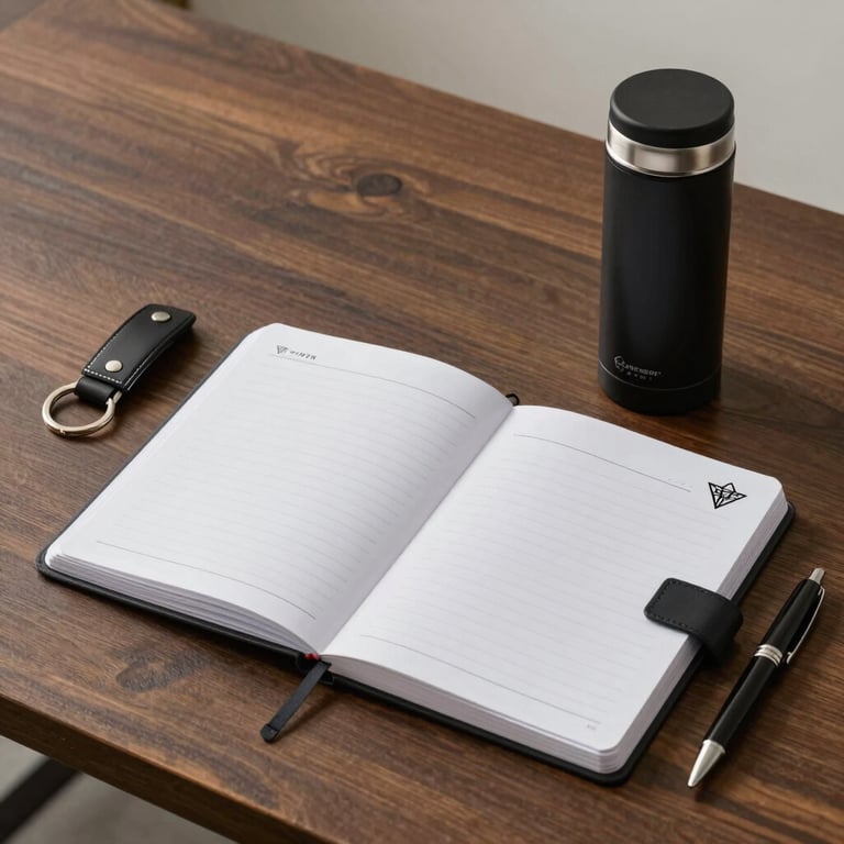 A sleek office desk featuring a custom branded kit with notebooks, pens, and mugs arranged neatly.