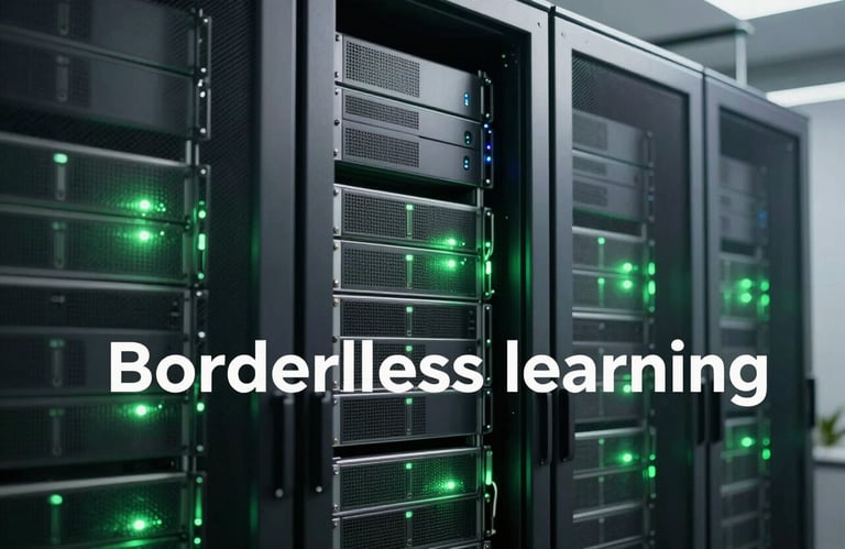 A high-tech server room with soft ocean green cooling lights and sleek metallic racks, representing robust digital infrastructure for borderless learning.