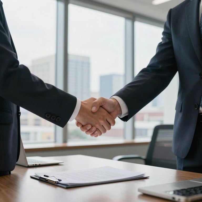 A professional in business attire shaking hands over a car contract in a bright, modern office with large windows overlooking a North American city.