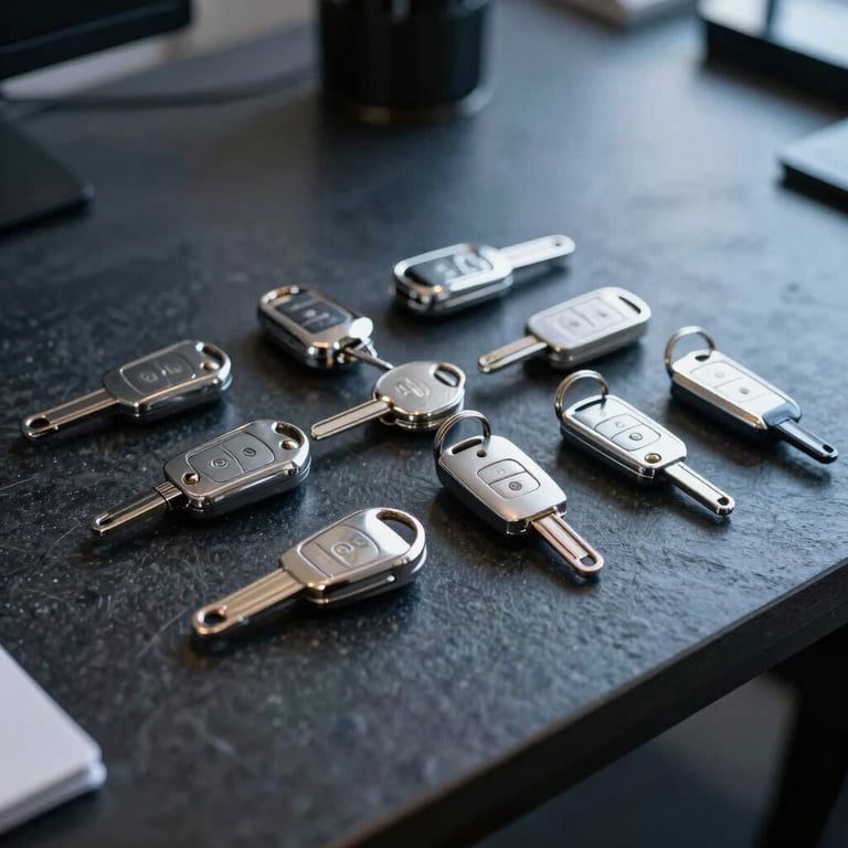 A collection of silver luxury car keys arranged on a polished slate desk, soft overhead lighting, Midnight Navy and Steel Blue tones, professional setting.