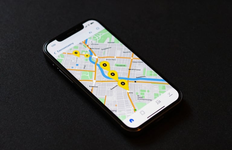 Top-down view of a smartphone on a dark surface, showing a vibrant map app with several yellow location pins in a US city.