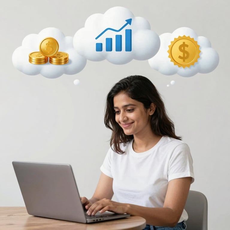 A woman smiling while using a laptop with financial charts on screen.