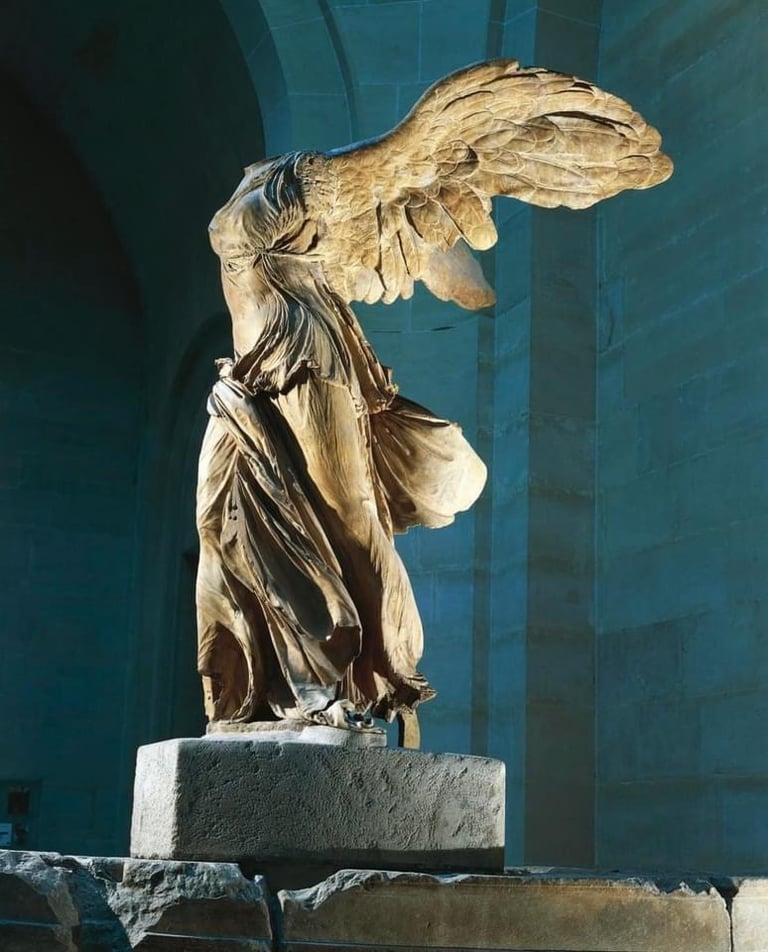 The Winged Victory of Samothrace marble sculpture displayed in the Louvre Museum.