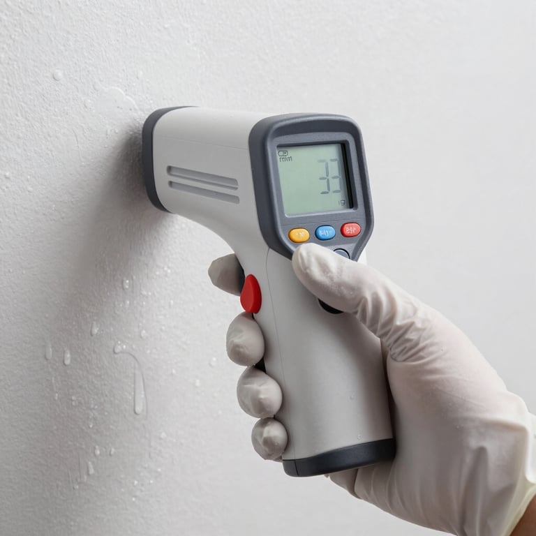 Close-up of a high-tech infrared moisture detection device held by a hand in white gloves, showing a digital reading against a damp wall. Professional setting.