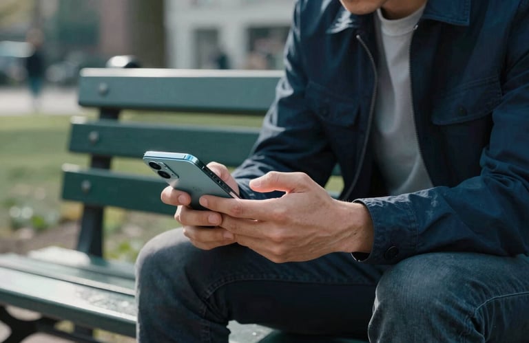 A person sitting on a park bench in a Global / English-speaking city, interacting with a sleek Android phone. The lighting is bright and natural. Muted teal and dark blue elements in the surroundings.